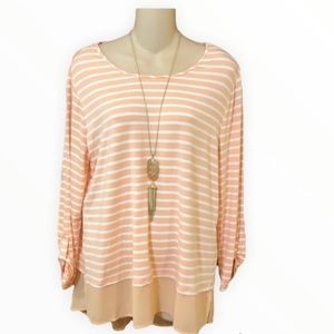 CHICOS - Size 2 Roll up 3/4 sleeve top, Peach and White Stripe